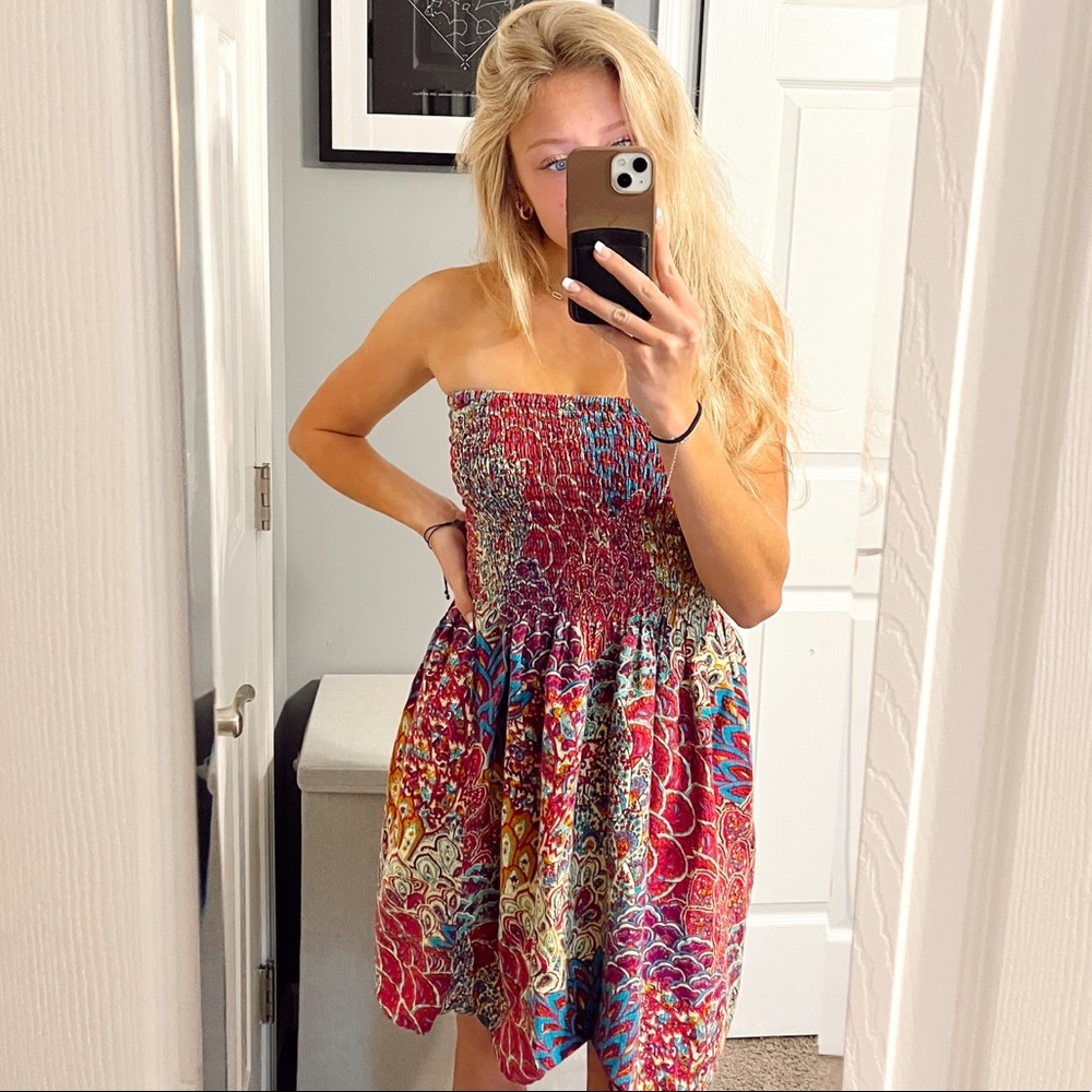 Cynthia Mehra Y2K Aztec Colorful Summer Strapless Dress